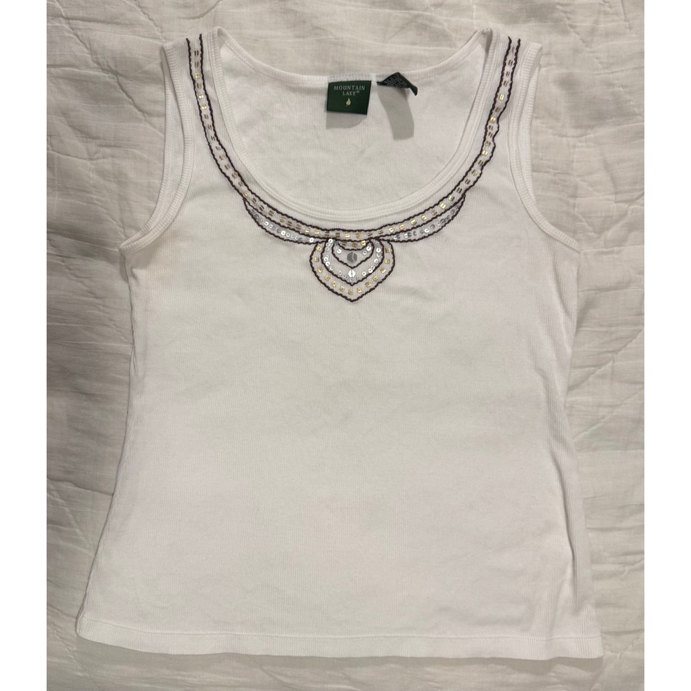 Mountain Lake White Ribbed Cotton Sequin Embellished Tank Top Small 2000s Y2K